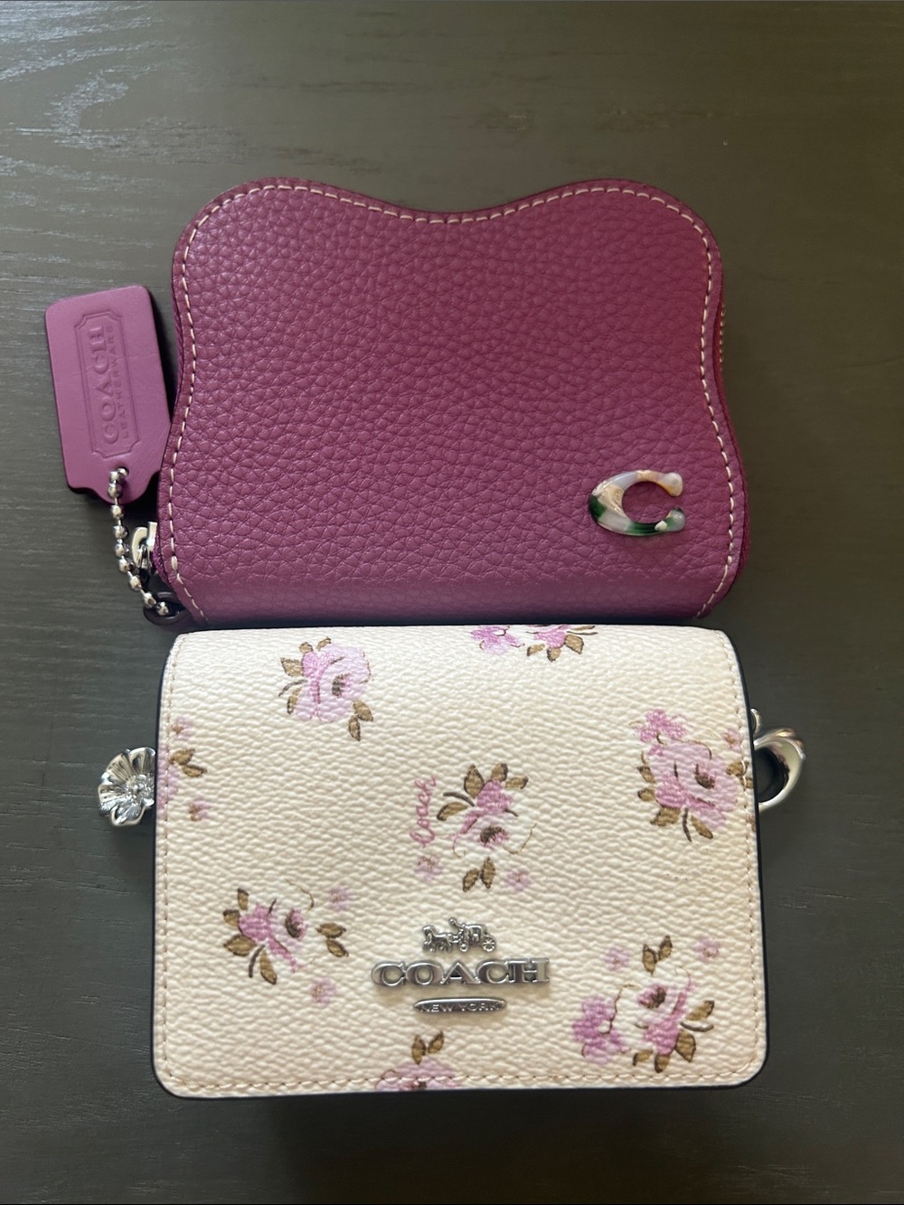 COACH Pink Pebbled Leather Card Case & Cream Floral Card Holder Set